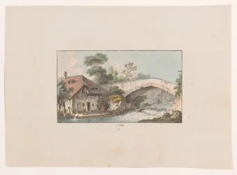 Vista de una casa junto a un puente en Orbe à Orbe (título sobre objeto) Vistas de Suiza (título de la serie) Collection de quelques vues dessinées en Suisse d