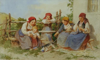 Mujeres y niños con un gato jugando.
