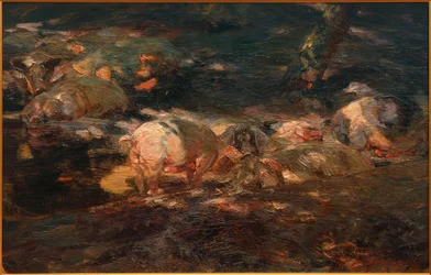 Manada de cerdos en el bosque junto al agua