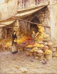 Un puesto de frutas en la base del Campanile, San Giovanni Elemosinario, cerca del Rialto, Venecia