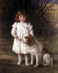 Retrato de una niña con un vestido blanco y un perro