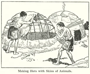 Construyendo chozas con pieles de animales