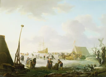 Un extenso paisaje con trineos y patinadores con un barco encerrado en el hielo (óleo sobre tabla)