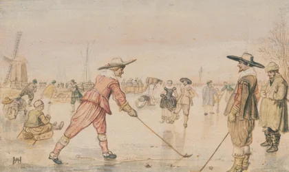 Una escena invernal con dos caballeros jugando al colf