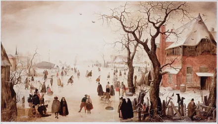 Holandés: Paisaje invernal con patinadores cerca de un pueblo Paisaje invernal con patinadores cerca de un pueblo