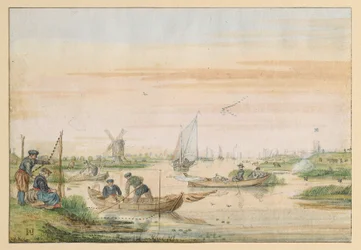 Paisaje de canal con pescadores y cazadores de búhos