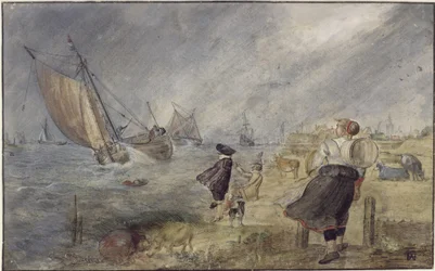 Orilla de lago durante una tormenta con figuras