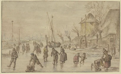Paisaje invernal, muchos patinadores sobre el hielo, a la derecha un hombre ata los patines de una mujer