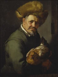Viejo con una gallina