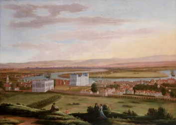 Vista de Greenwich y de la Casa de la Reina desde el sureste, hacia 1670, con Old Woolwich Road pasando por debajo de la Casa de la Reina a la izquierda y la Casa Nueva del Rey visible a la derecha (actualmente Edificio del Tribunal de Justicia Rey Carlos 