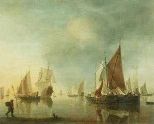 Barco anclado en alta mar con mar en calma; luz del atardecer, c.1650-60 (óleo sobre tabla)