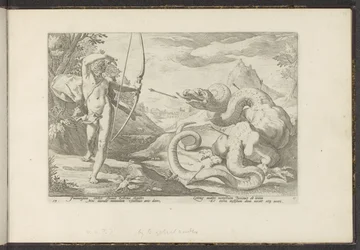 Apolo mata a la serpiente gigante Pitón Metamorfosis de Ovidio (título de la serie) Recreaciones de P. Ovidius Naso (título de la serie)