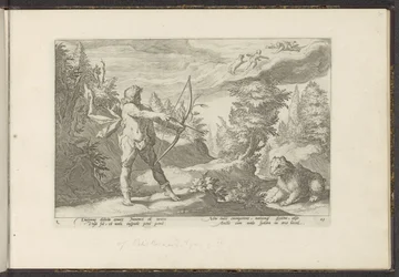 Arcas apunta su flecha a Calisto Metamorfosis de Ovidio (título de la serie) Recreaciones de P. Ovidius Naso (título de la serie)