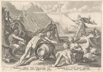 Neptuno ordena a los dioses del río que provoquen una inundación Metamorfosis de Ovidio (título de la serie)