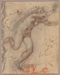 Figura femenina desnuda que huye hacia la derecha con los brazos extendidos y esbozo de busto de figura secundaria (anverso); esbozo de figura femenina desnuda arrodillada, sostenida por otra de pie (reverso).