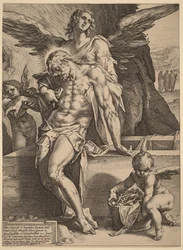 El cuerpo de Cristo sostenido por ángeles