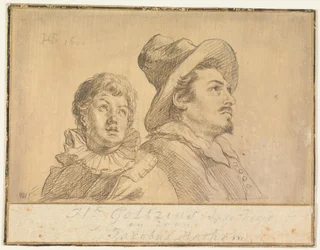 Dos hombres, posiblemente Jan Matthijs Ban y Philips van Winghe (anverso). Un niño con sombrero, de medio cuerpo. En sus brazos sostiene a un anciano muerto (reverso)