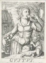 Gusto (Gustus), una mujer con frutas Gustus (título sobre el objeto) Los cinco sentidos (título de la serie)