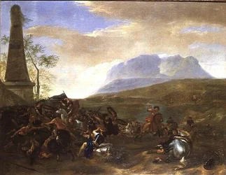 Una escaramuza junto a un obelisco en un paisaje extenso