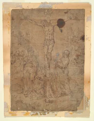 Cristo en la Cruz Entre la Virgen y San Juan con Escenas de la Pasión al Fondo