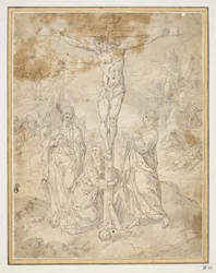 Cristo en la Cruz entre la Virgen y San Juan con Escenas de la Pasión al fondo
