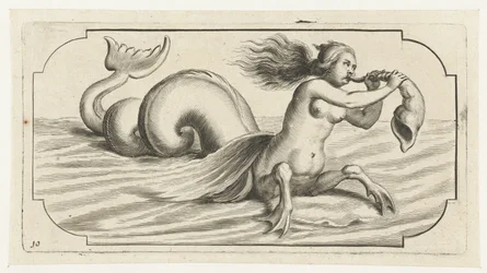 Una figura femenina sopla sobre una concha Nouveau Livre des Dieux et Deeßes De la Marine Bouckje of Sea Gods and Goddesses (título de la serie)