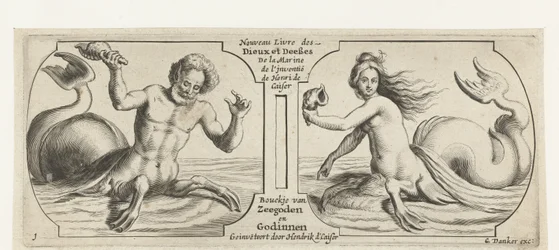 Dos compartimentos, en cada uno un tritón Nouveau Livre des Dieux et Deeßes De la Marine Bouckje of Sea Gods and Goddesses (título sobre el objeto) Nouveau Livre des Dieux et Deeßes De la Marine Bouckje of Sea Gods and Goddesses (título de la serie)