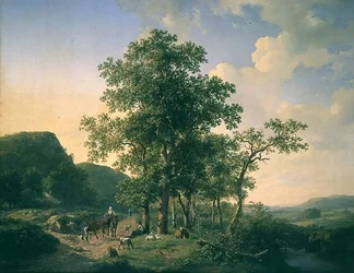 Paisaje boscoso con campesinos y animales