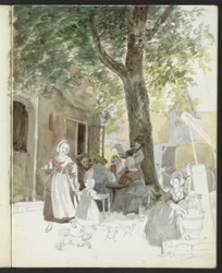 Calle del pueblo con un pozo y figuras