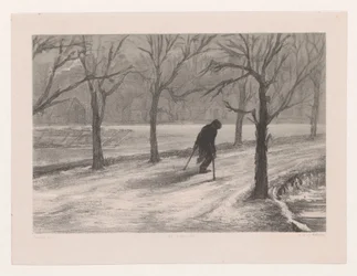 Hombre con muletas en un paisaje invernal Invierno también en la vida (título original)