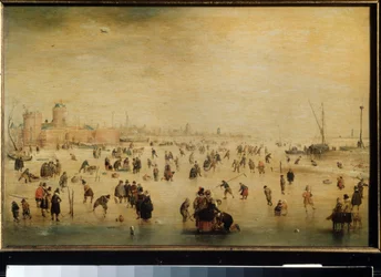 ""Patinadores sobre hielo"" (Escena de invierno) (holandés) Pintura de Hendrick Avercamp (1585-1634) alrededor de 1615 Moscú, Museo Pushkin de Bellas Artes
