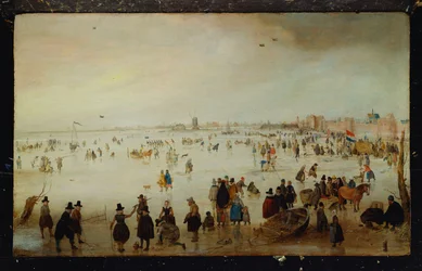 Patinadores, jugadores de golf, damas elegantes y caballeros en aguas inundadas congeladas cerca de Broederpoort en Kampen