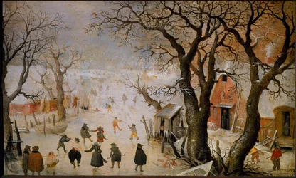 Paisaje de invierno en los Países Bajos Patinadores en un lago congelado