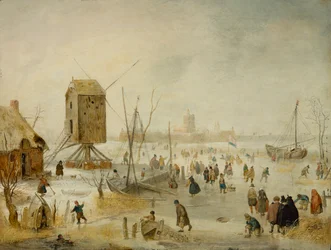 Paisaje de invierno con patinadores en un río junto a un molino de viento