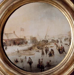 Paisaje de invierno con patinadores sobre hielo