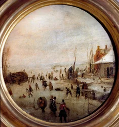 Paisaje de invierno con patinadores y jugadores de hockey