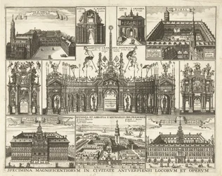 Blad conoció a tien voorsetningen van de intocht van de Kardinaal Infant Ferdinand te Antwerpen, 1635 Muestras de los lugares y obras más magníficos de la ciudad de Amberes (título sobre el objeto)