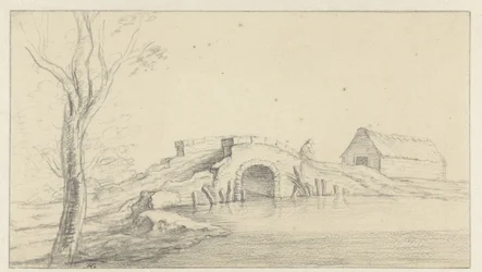 Paisaje con puente de piedra en ruinas