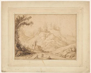 Paisaje de montaña con figuras en un camino cerca de una posada