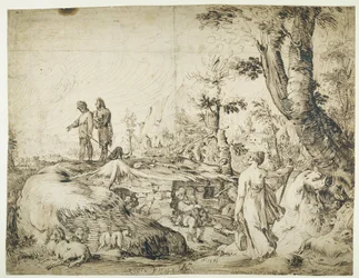 Paisaje con campesinos junto a una cabaña