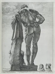 Vista trasera del Hércules Farnesio (grabado en cobre)