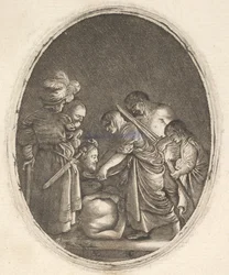 Salomé recibiendo la cabeza de Juan el Bautista, rodeada de tres hombres y un niño, ca. 1610