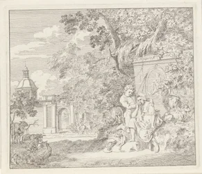 Pareja en un monumento clásico y una puerta de la ciudad Anette y Lubin (título sobre el objeto)