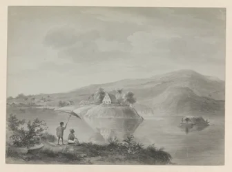 Vista de un río con algunas casas, posiblemente Berg en Dal