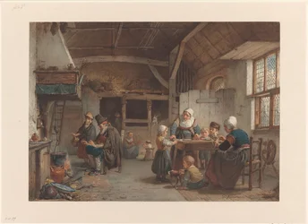 Interior campesino, familia en la cocina