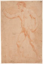 Estudio de modelo masculino, de pie, con el brazo levantado
