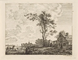 Paisaje con una casa junto a un río.