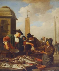 Un puesto de pescado junto a un puerto (óleo sobre tabla)
