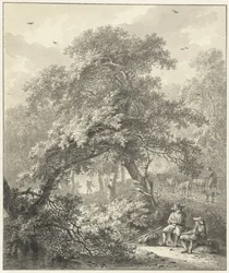 Vista del bosque con viajeros descansando bajo un árbol