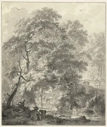 Vista del bosque con dos niños con un perro sentado junto al agua